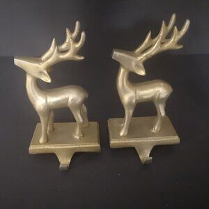 VTG Set of 2 - Heavy & Sturdy Brass Reindeer Mantel Christmas Stocking Holders